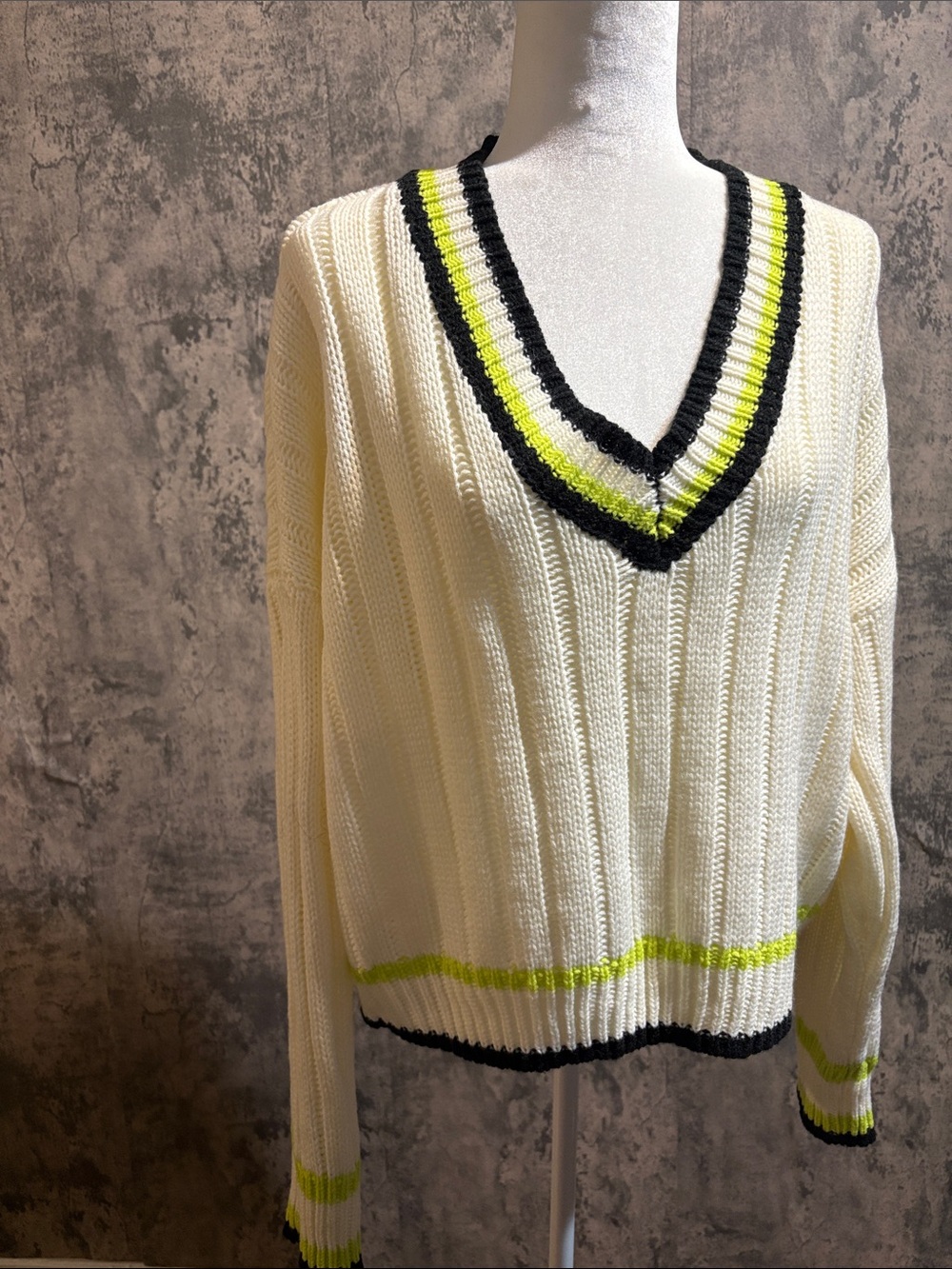 wild fable Cream V-Neck Sweater with Black and Neon Yellow Trim